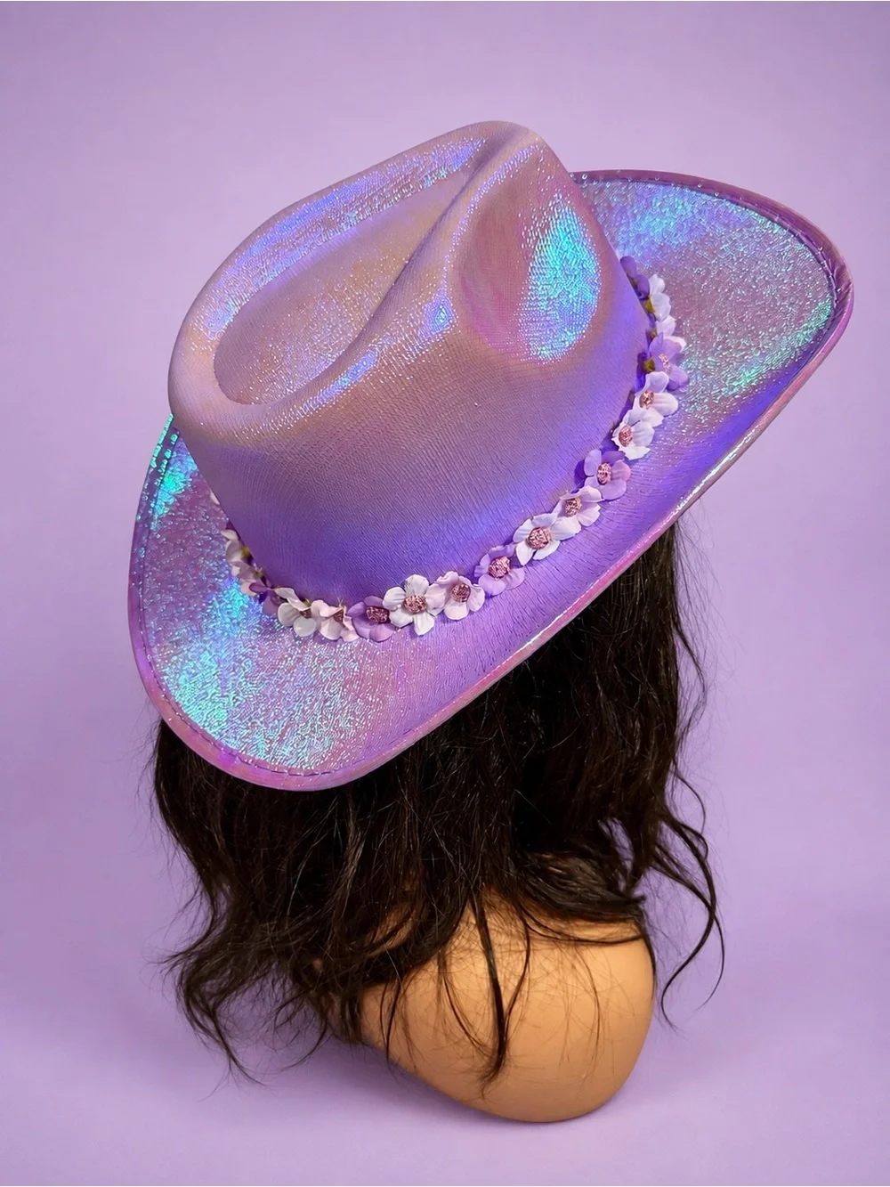 Iridescent Purple Cowboy Hat with Handmade Floral Hat Band